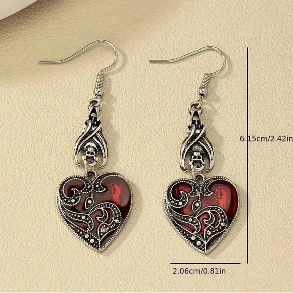 Elegant Silver and Red Heart Earrings - Picture 5 of 6